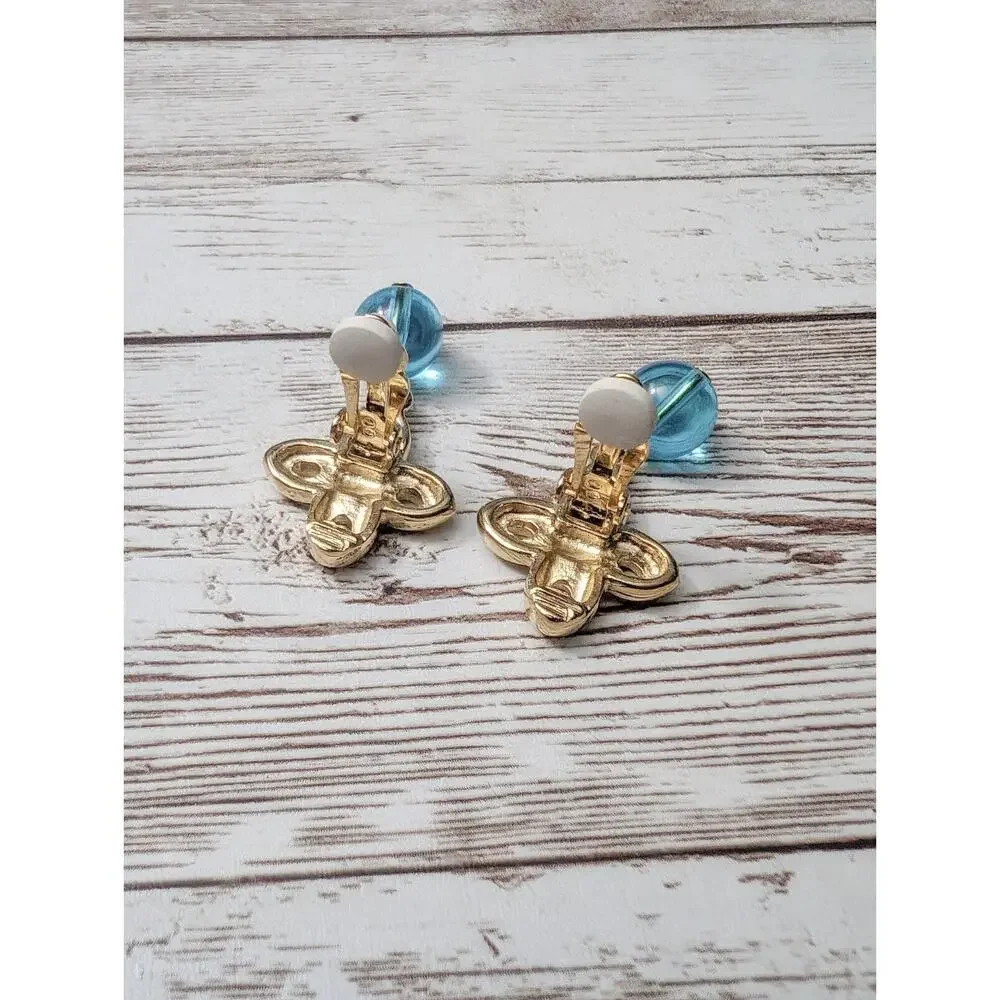 Vintage Givenchy Clip On Earrings - Gold Tone & Blue Dangle